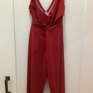 Sleeveless Red V-Neck Jumpsuit with Draped Bodice